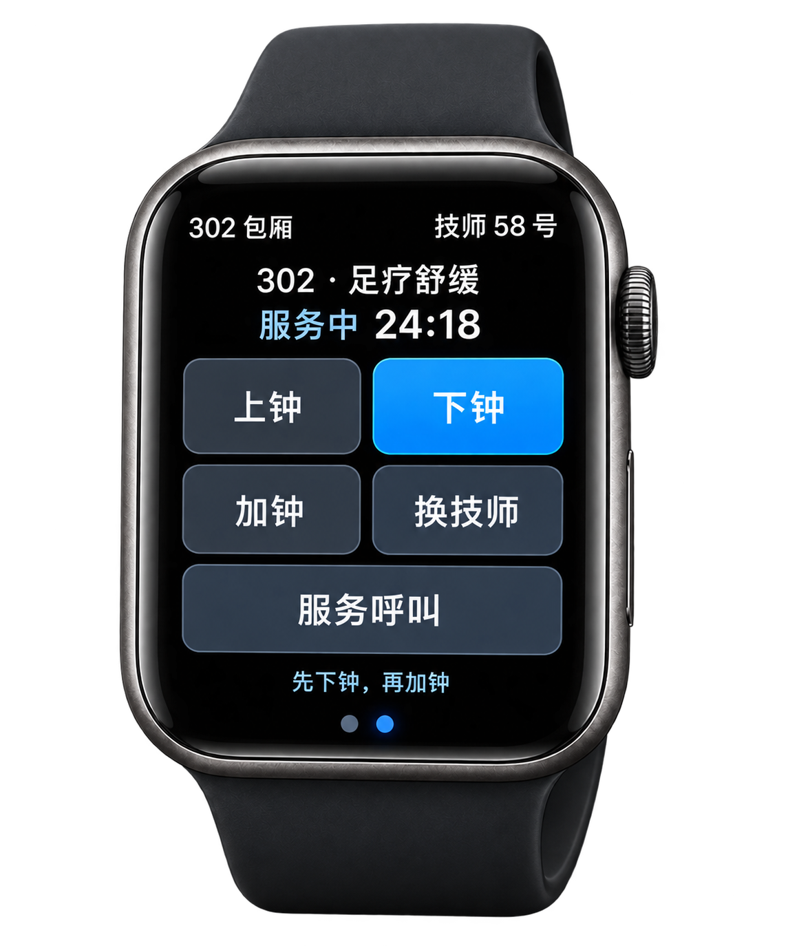 技师手表界面：服务时间、起钟、下钟、加钟、换技师与服务呼叫